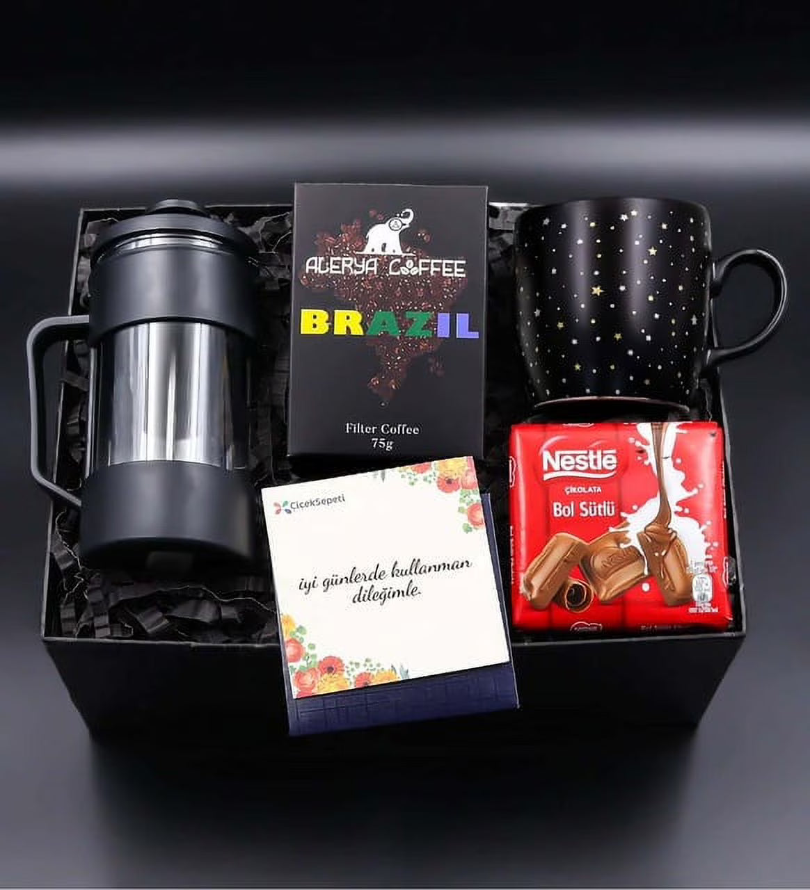 Black French Press & Black Star Cup & Brazil Filter Coffee & Milk Chocolate Gift Set B136