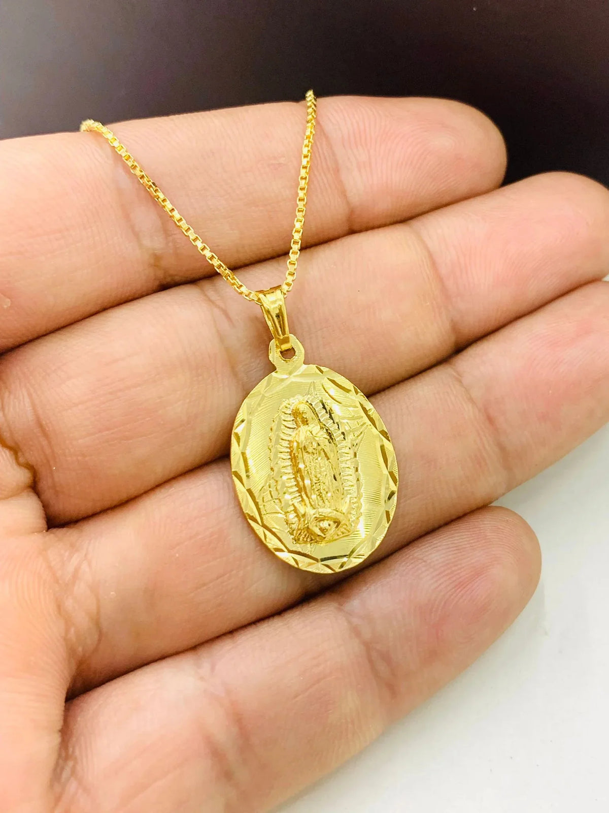 14K Gold Filled Virgen de Guadalupe Necklace Pendant 26x18mm 20" D989