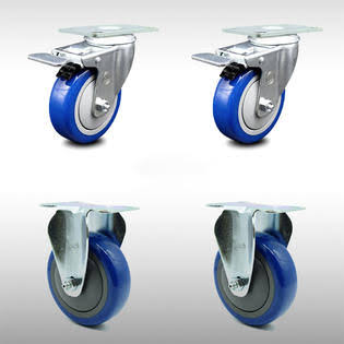 4 inch Blue Polyurethane Top Plate Caster Set 2 Lock Brake 2 Rigid P9571