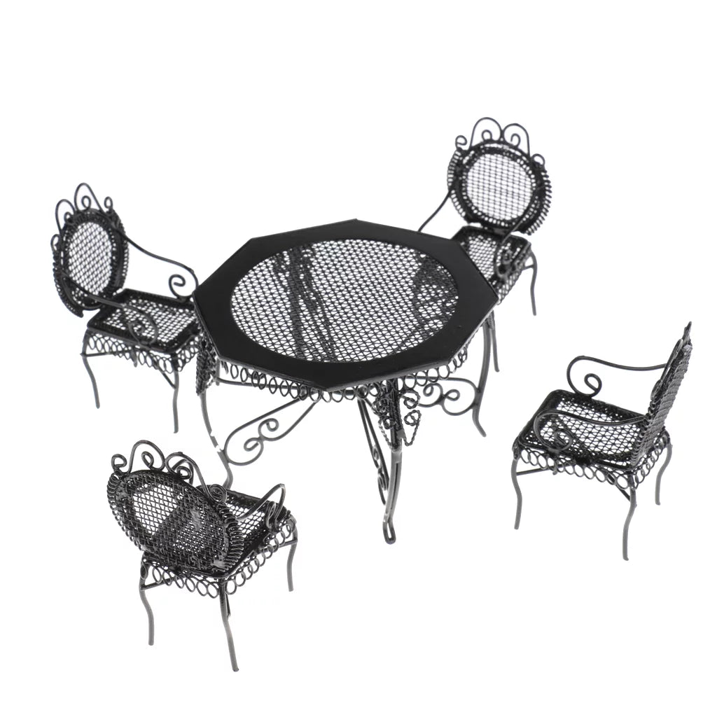1/12 Scale Black Octagonal Table Chairs Furniture Set E197