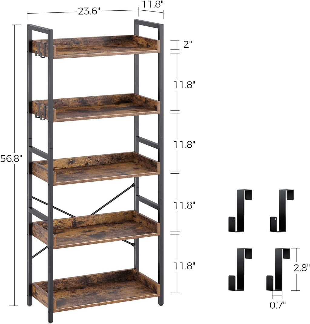 5 Tier Wood Bookshelf with 4 Hooks E72974
