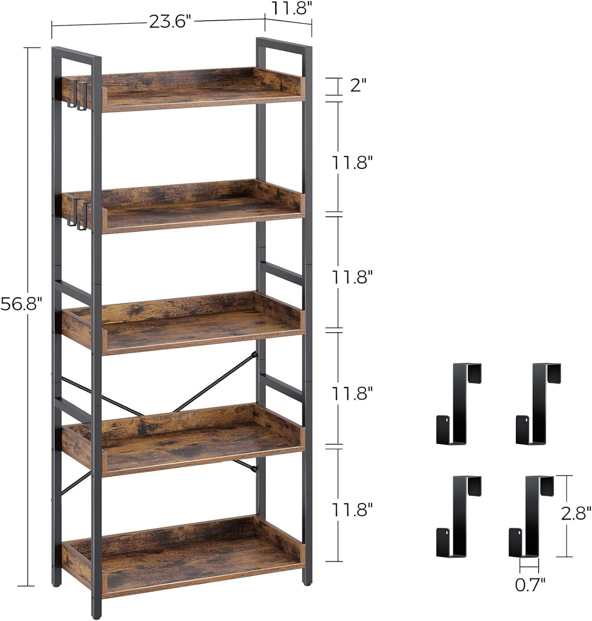 5 Tier Wood Bookshelf with 4 Hooks E72974