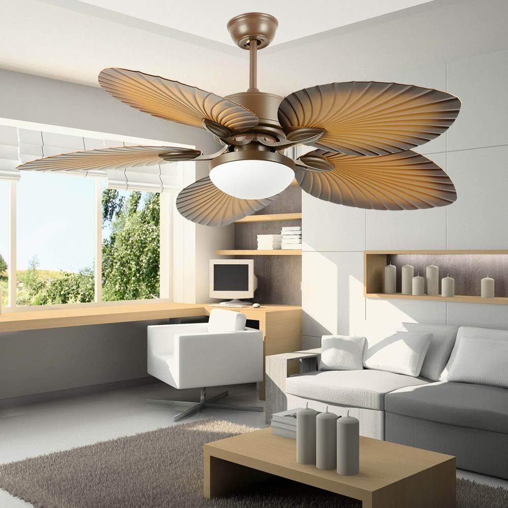 52" Tropical Palm Ceiling Fan with LED Light and Five Palm Leaf Blades - New Bronze Finish O9532
