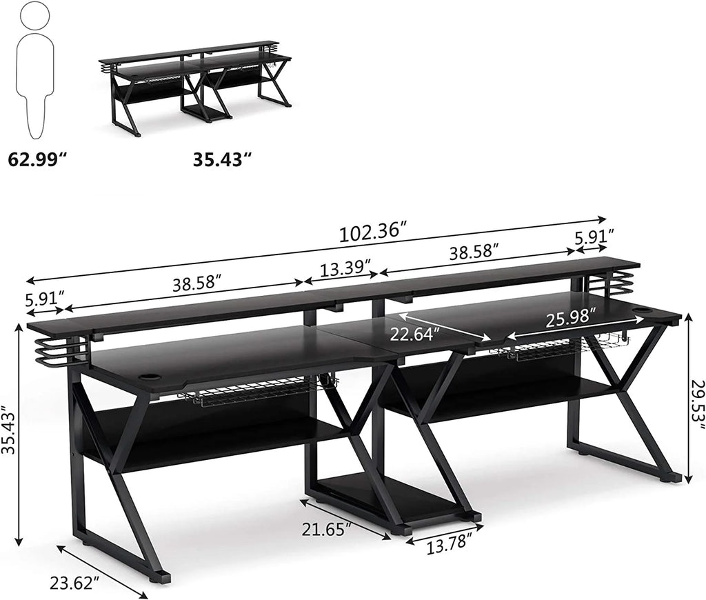 Double Gaming Desk with Hutch Monitor Stand Riser, 102-Inch Two Person Computer Desk with Storage Bookshelf P558523