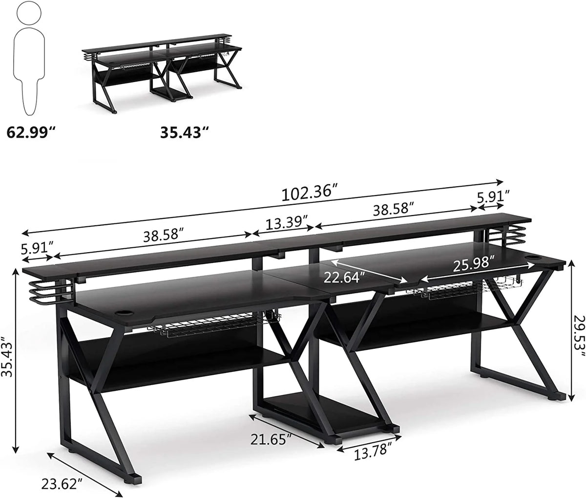 Double Gaming Desk with Hutch Monitor Stand Riser, 102-Inch Two Person Computer Desk with Storage Bookshelf P558523