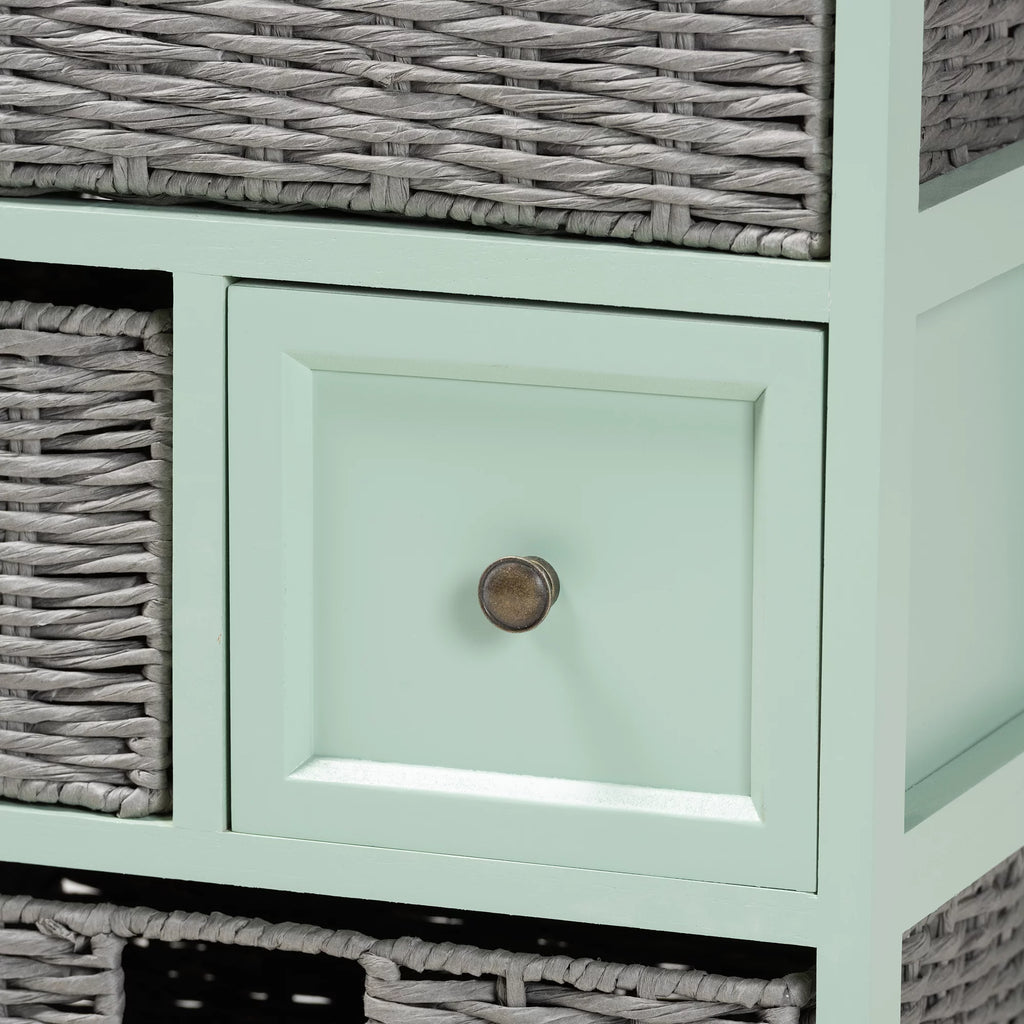 Oak Brown and Mint Green Wood 3-Drawer Storage Unit with Baskets U122