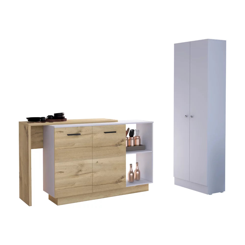 2-Piece White and Light Oak Kitchen Island and Pantry Cabinet Y2388