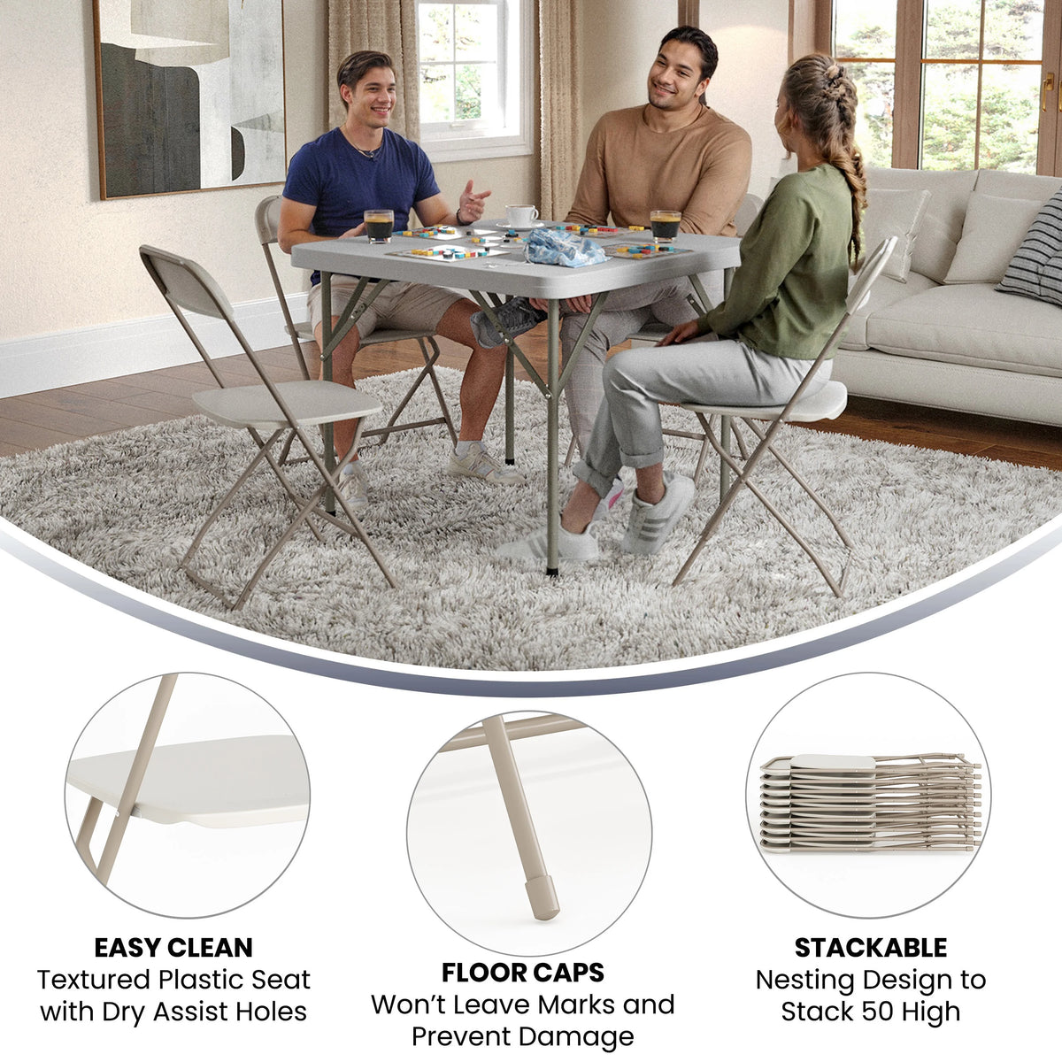 Beige Plastic Folding Chair 2 Pack 650LB Weight Capacity Y5043