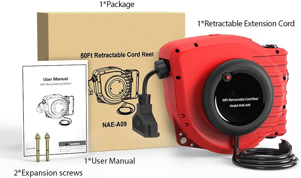 50FT Retractable Extension Cord Reel, 14AWG 13A with Triple Tap Outlet M313305