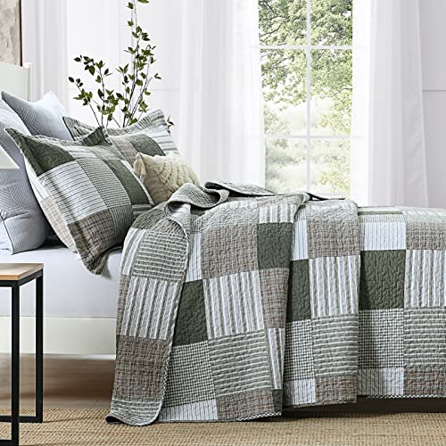 100% Cotton Navy Blue Grey Plaid Queen Size 3 Pieces Quilt H1766