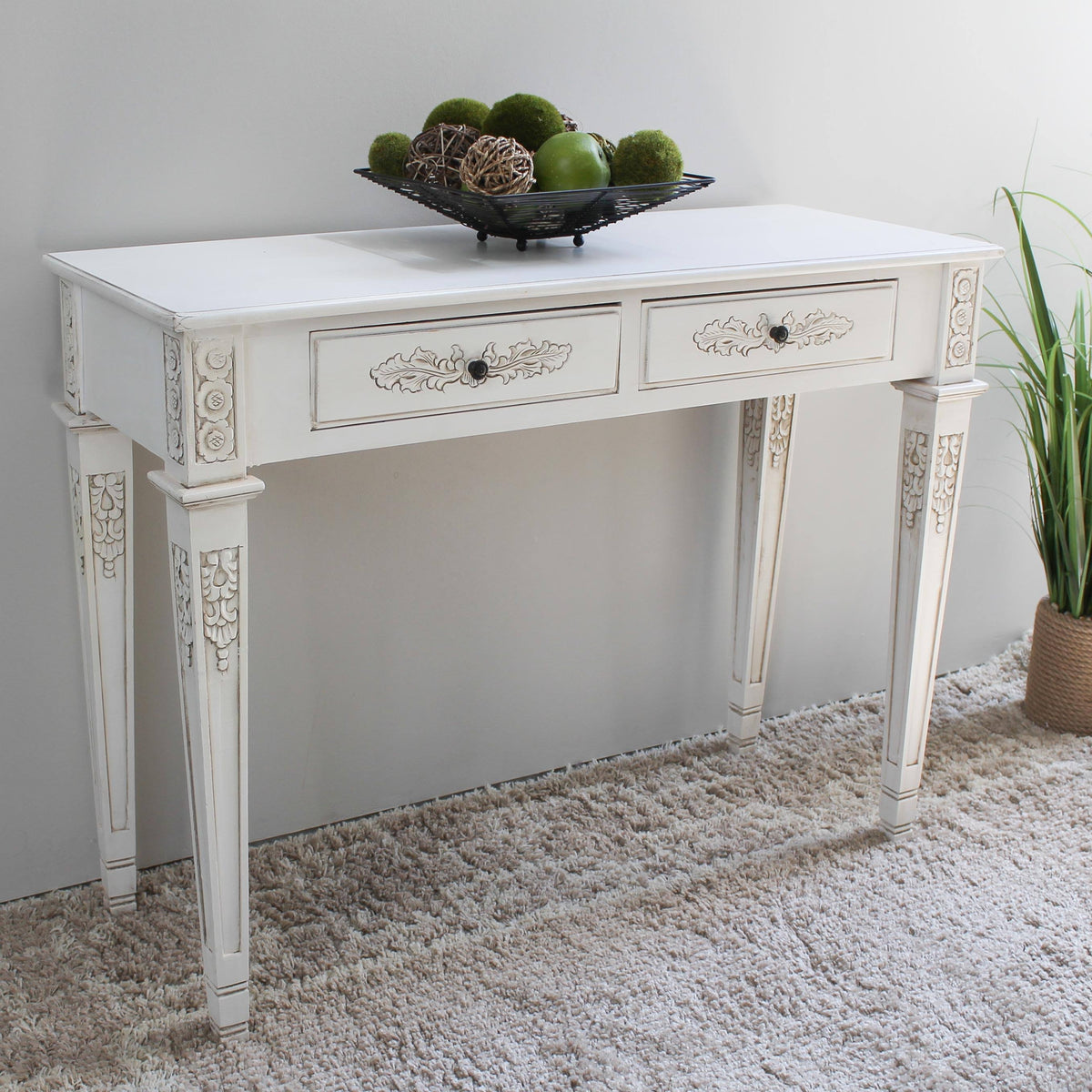 Antique White Two Drawer Rectangular Console Table W49373