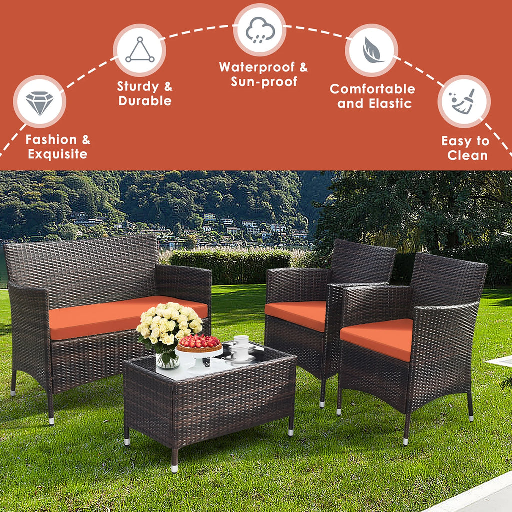 4 Pc Patio Rattan Conversation Furniture Set with Orange Cushion G561438