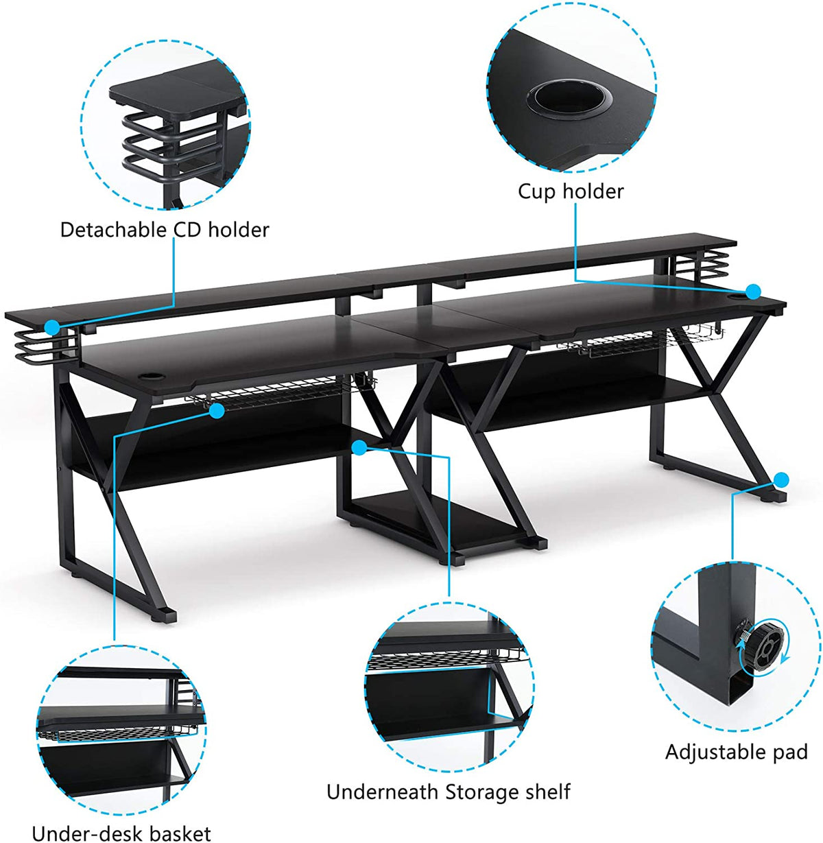 Double Gaming Desk with Hutch Monitor Stand Riser, 102-Inch Two Person Computer Desk with Storage Bookshelf P558523