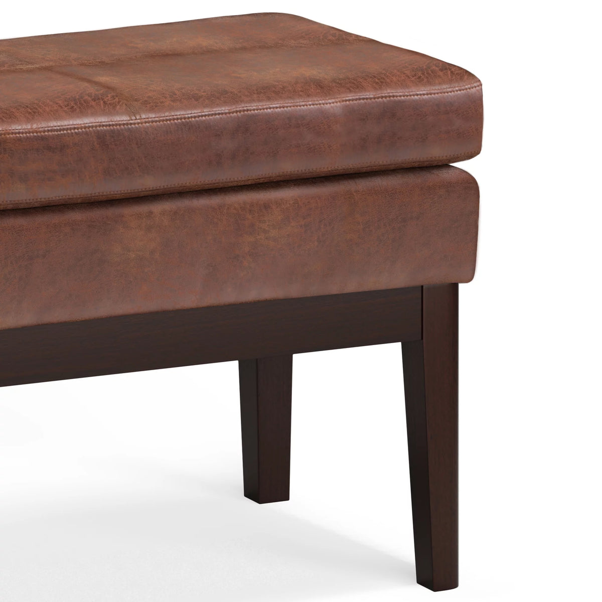 26 inch Wide Small Ottoman Bench in Distressed Saddle Brown Faux Leather O589