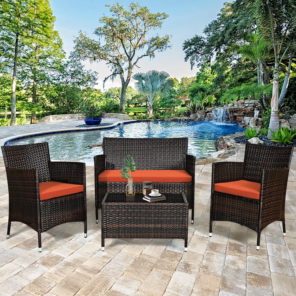 4 Pc Patio Rattan Conversation Furniture Set with Orange Cushion G561438