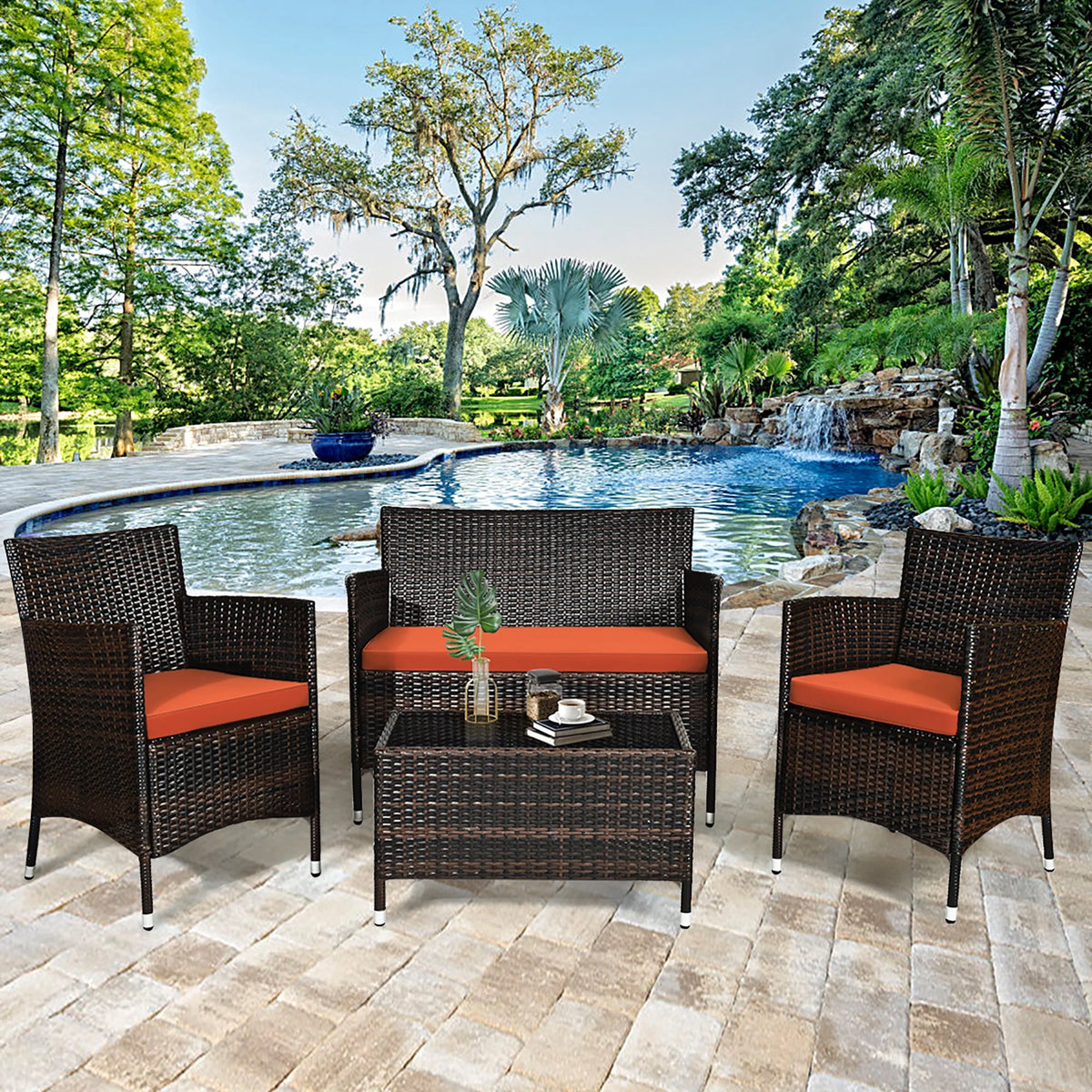 4 Pc Patio Rattan Conversation Furniture Set with Orange Cushion G561438