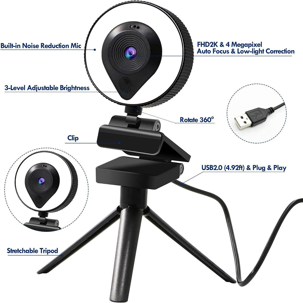HD Webcam with Microphone Ring Light and Tripod L2450