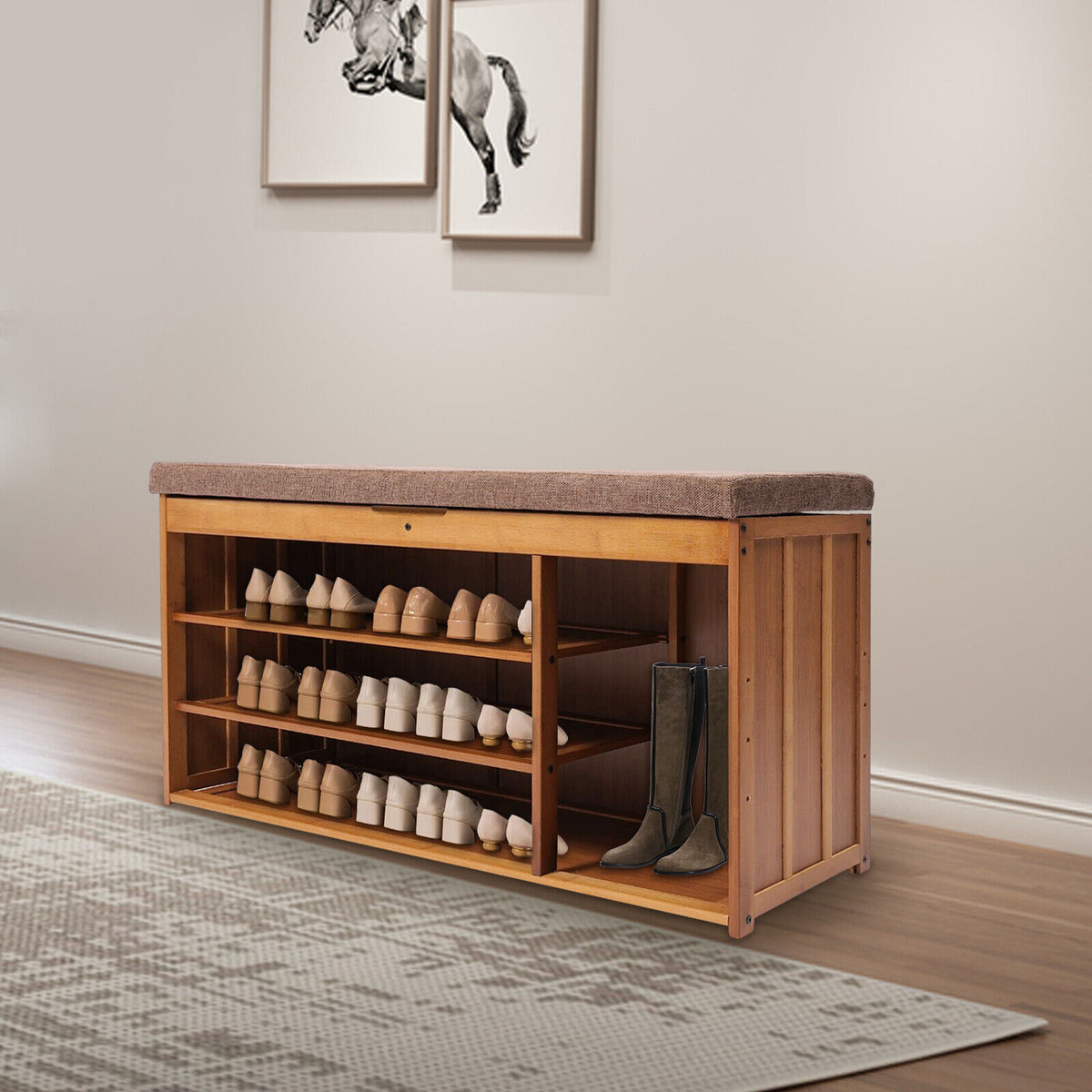 3 Tier Brown Bamboo Shoe Bench Storage Cabinet with Cushion Y939