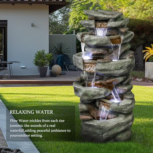 40" High 6-Tiers Cascading Rock Outdoor Water Fountain with LED Lights L3104