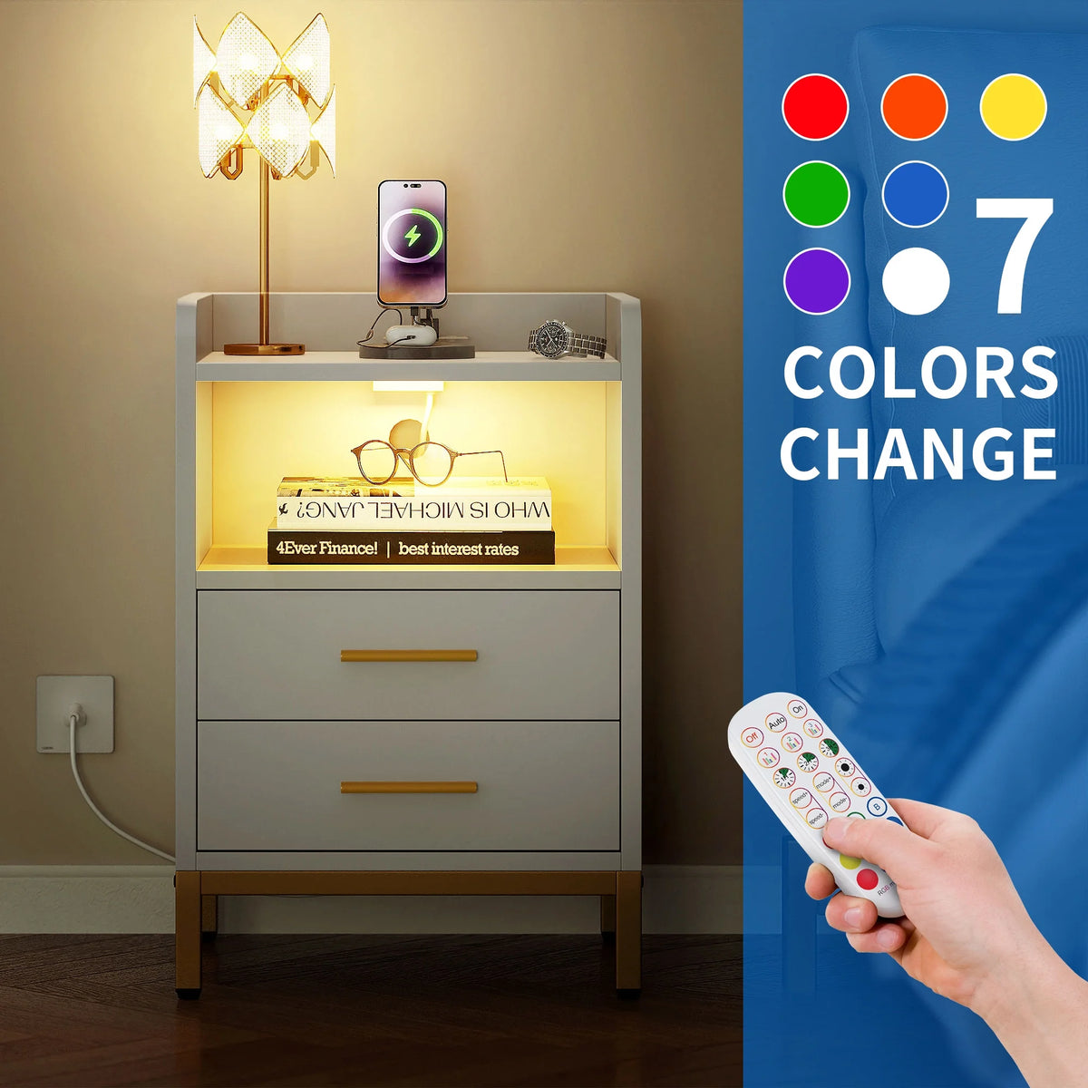 White 3 Drawer Side Table with Charging Station R3198
