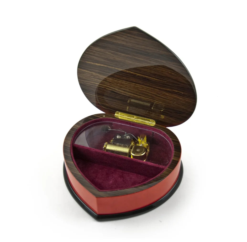 Cherry Red Heart Shaped Music Jewelry Box with Floral Inlay Design T384255