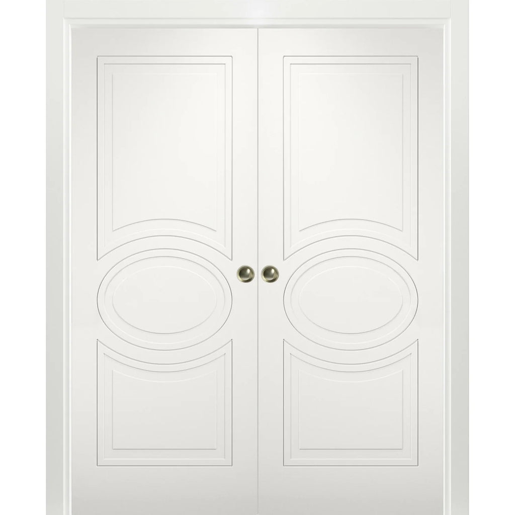 Matte White MDF Sliding French Double Pocket Doors with Kit Rail Hardware T6477