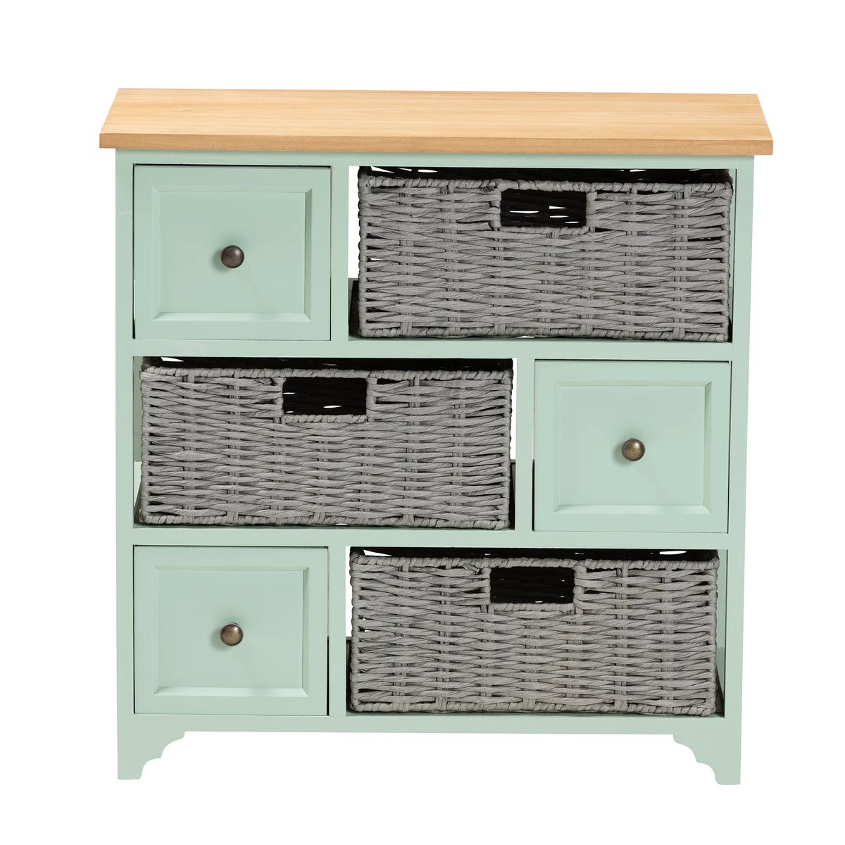 Oak Brown and Mint Green Wood 3-Drawer Storage Unit with Baskets U122
