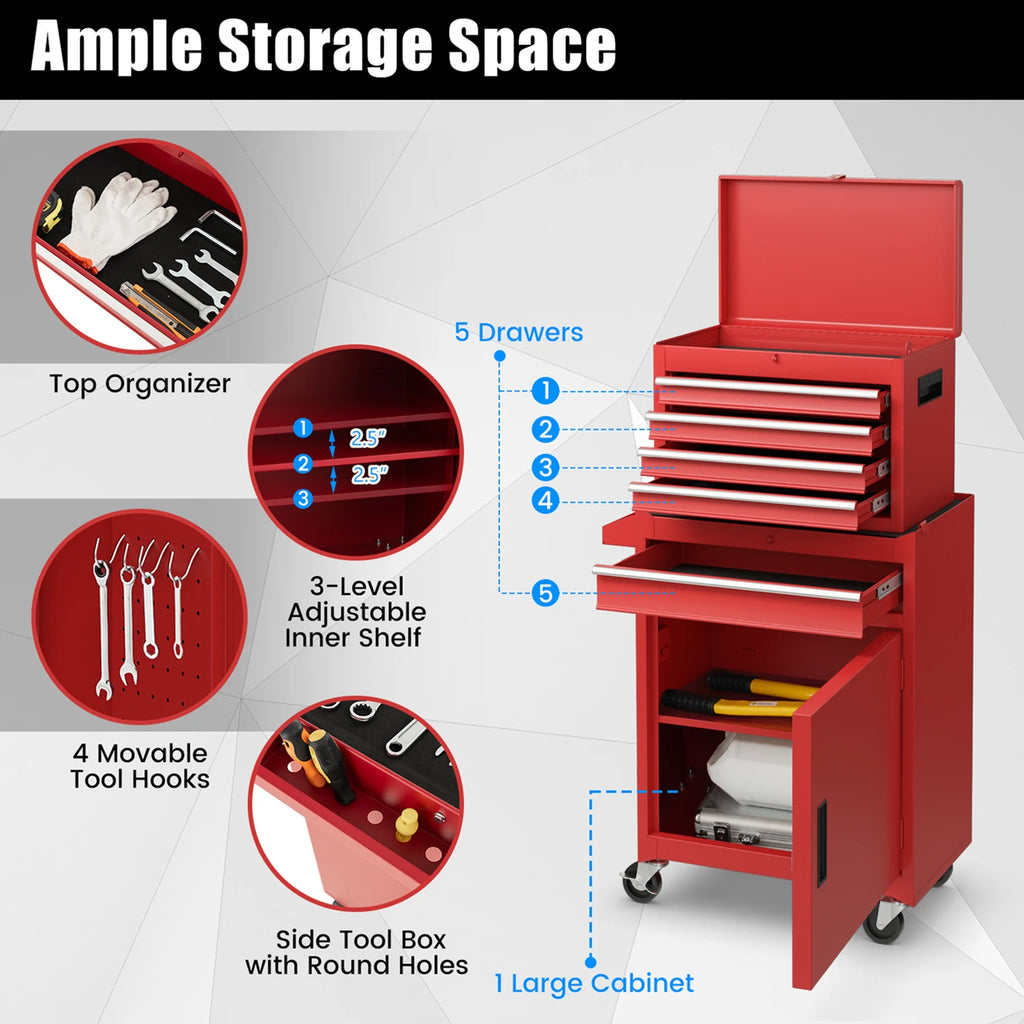 Red 5 Drawer Metal Rolling Tool Chest Cabinet S6170