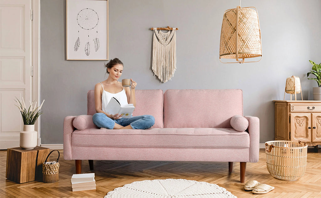 Pink Linen 2 Seater Sofa with 2 Pillows I379
