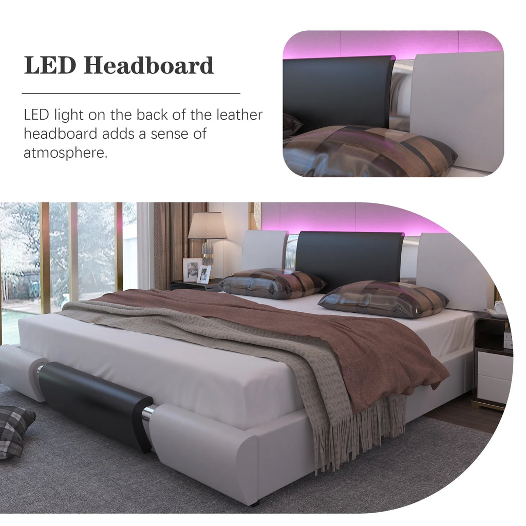 King Size Bed Frame with Led Light and Faux Leather Headboard M67642