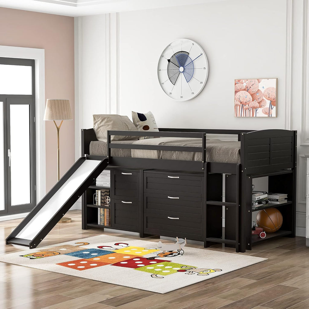 Twin Loft Bed with Slide, Ladder and Guardrail Q889