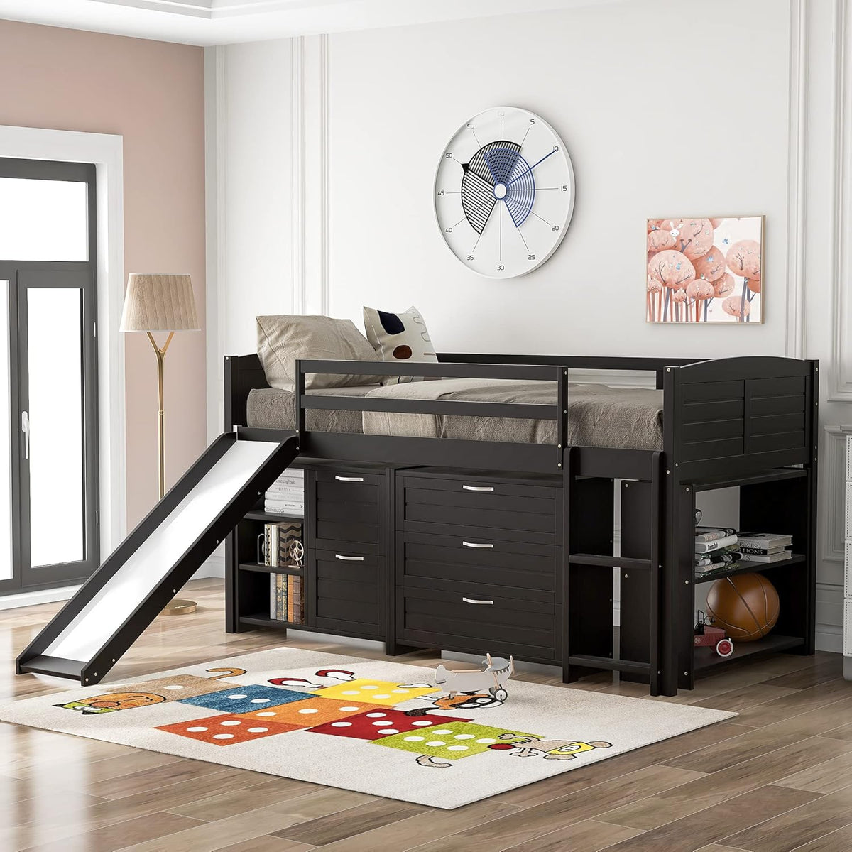 Twin Loft Bed with Slide, Ladder and Guardrail Q889