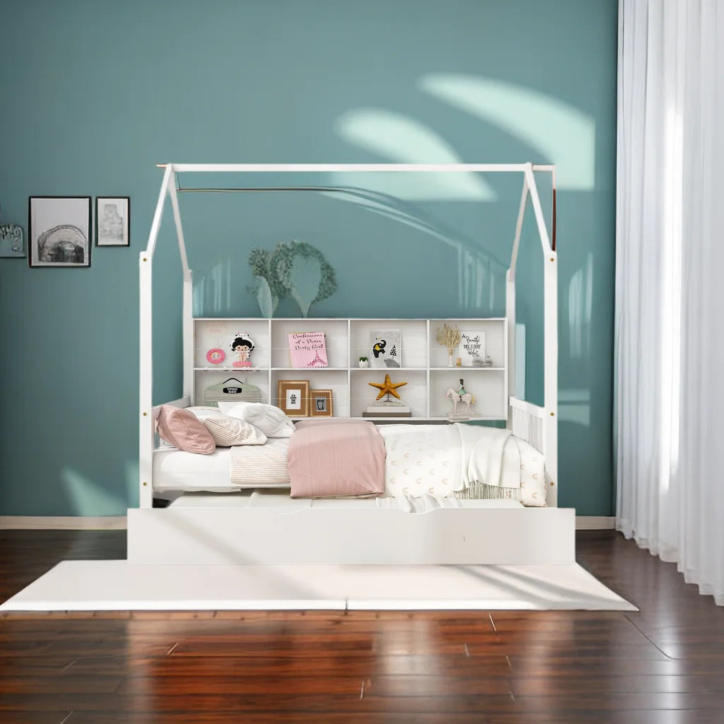 Full Size Wooden House Bed with Trundle and Shelf Y2786