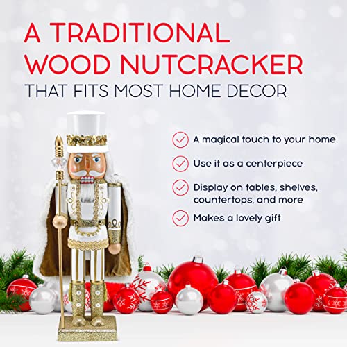 Gold and White Glittered Wooden Nutcracker 14" Y941841