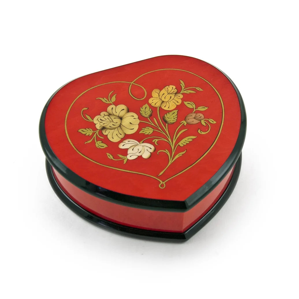 Cherry Red Heart Shaped Music Jewelry Box with Floral Inlay Design T384255