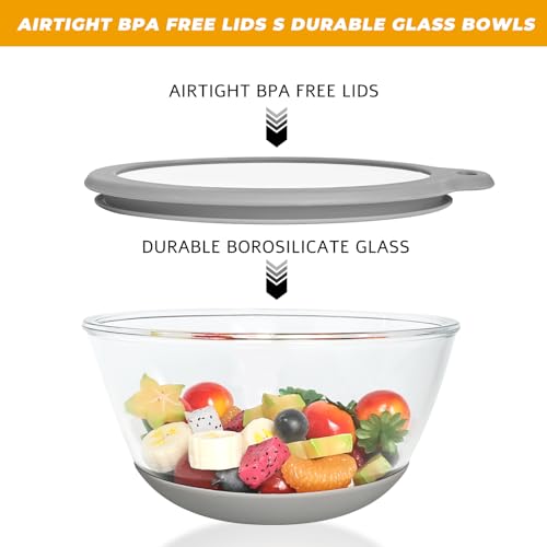 Glass Mixing Bowls Set of 3 with Airtight Lids, Non-Slip Silicone Base, Sizes: 2.2, 1.1, 0.5 QT Q224