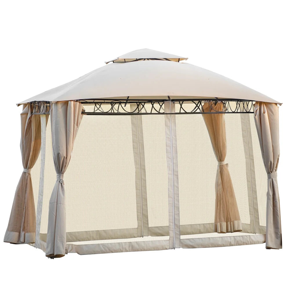Beige 12x10ft Outdoor Hardtop Gazebo with Mosquito Netting T82626