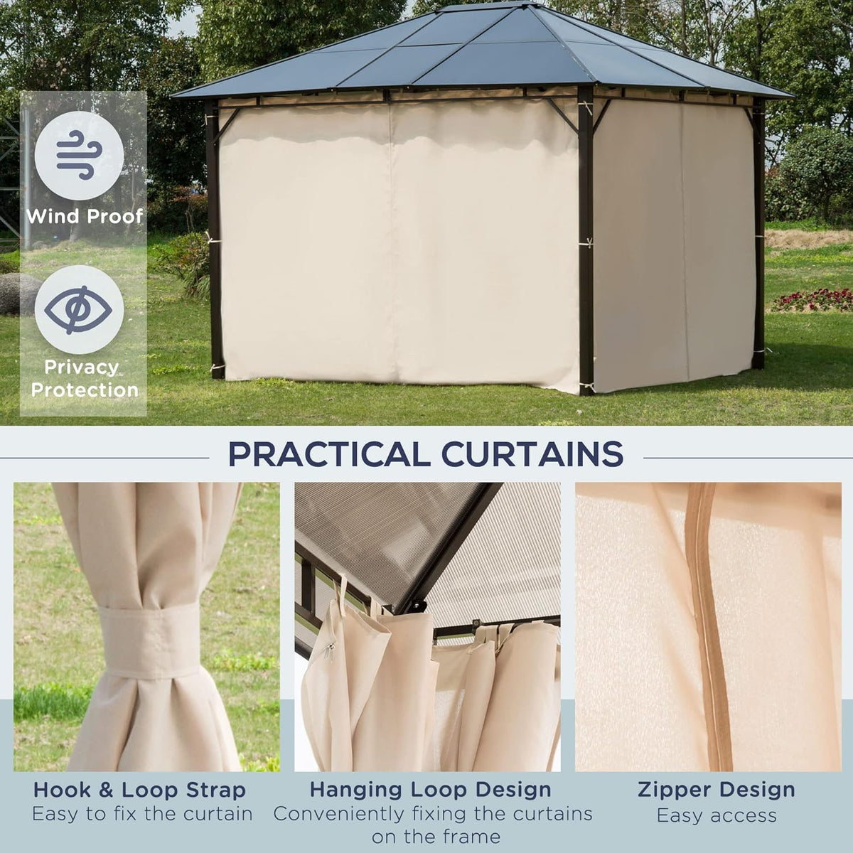 Off-White 10' x 12' Hardtop Gazebo with Polycarbonate Roof Aluminum Frame K192