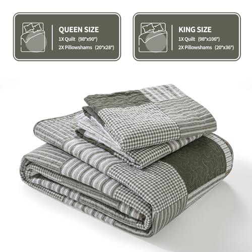 100% Cotton Navy Blue Grey Plaid Queen Size 3 Pieces Quilt H1766