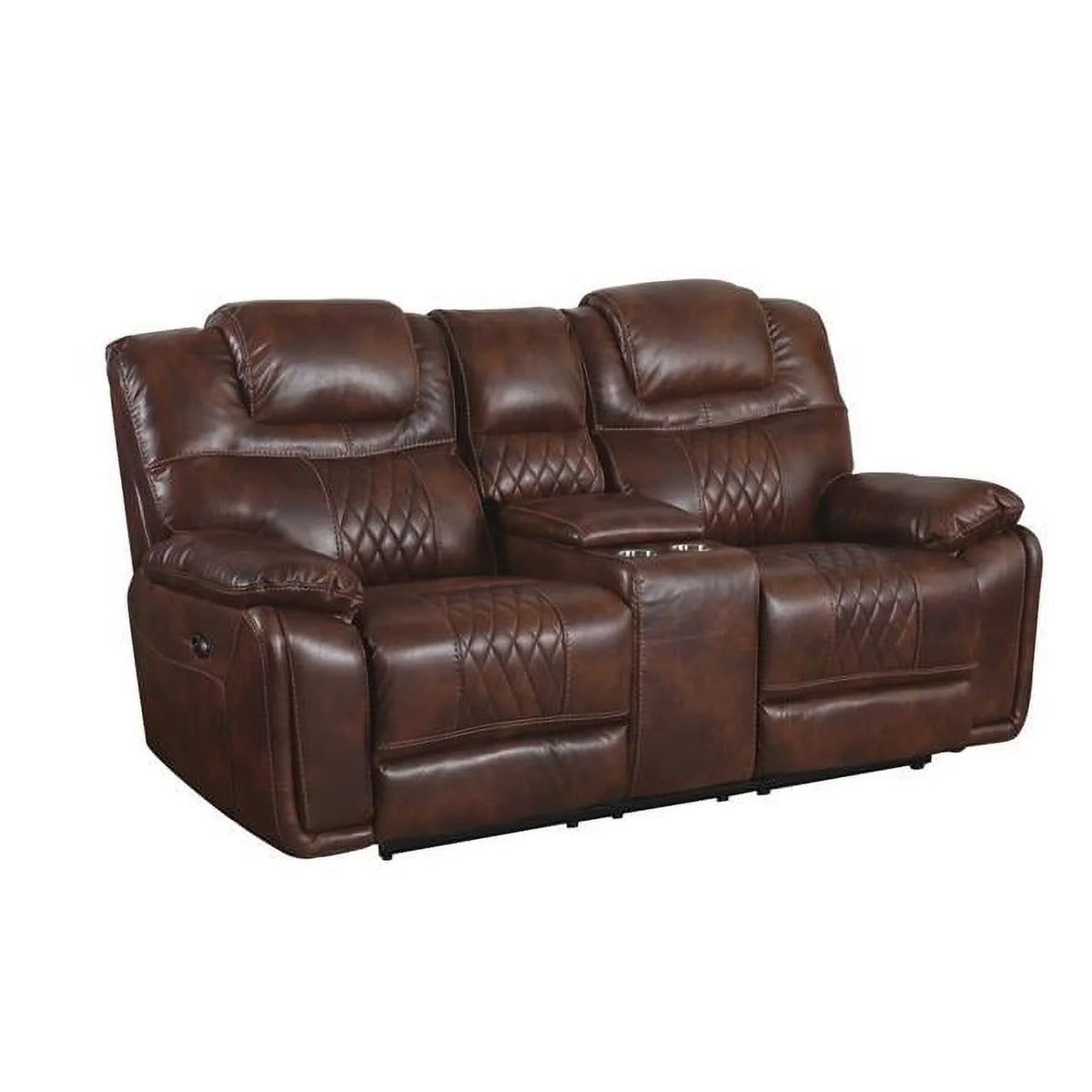 Brown Leather Dual Reclining Loveseat with Center Console A19997