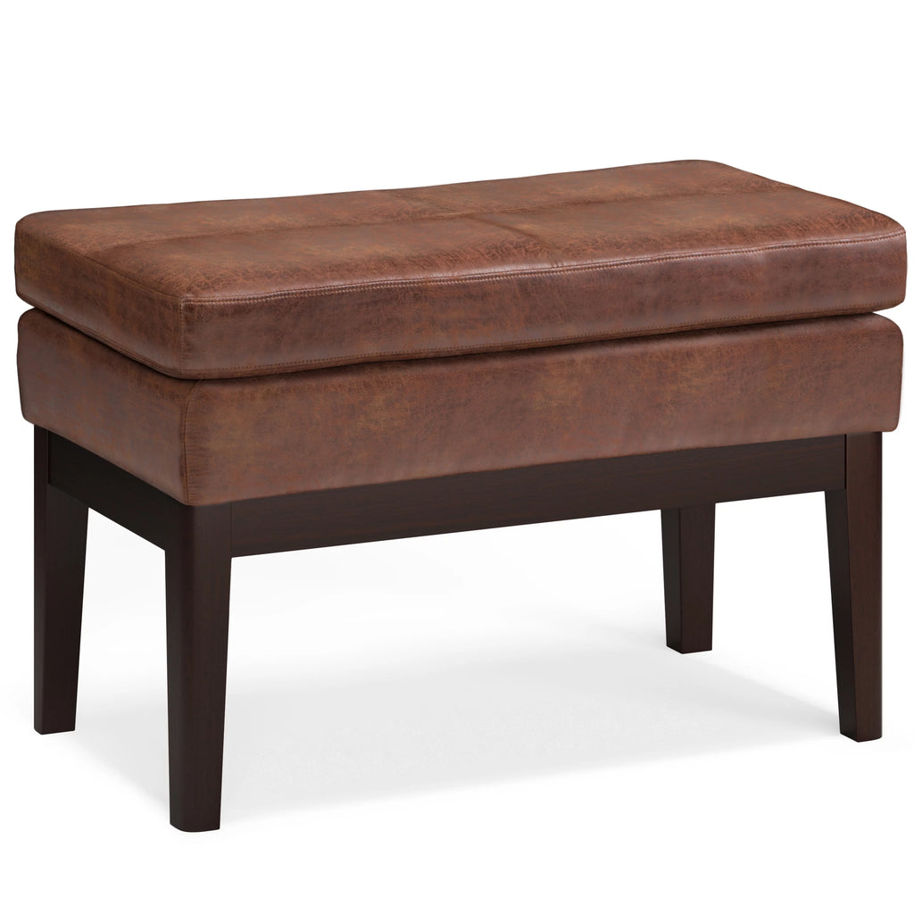26 inch Wide Small Ottoman Bench in Distressed Saddle Brown Faux Leather O589
