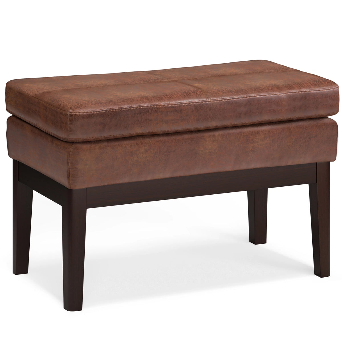 26 inch Wide Small Ottoman Bench in Distressed Saddle Brown Faux Leather O589