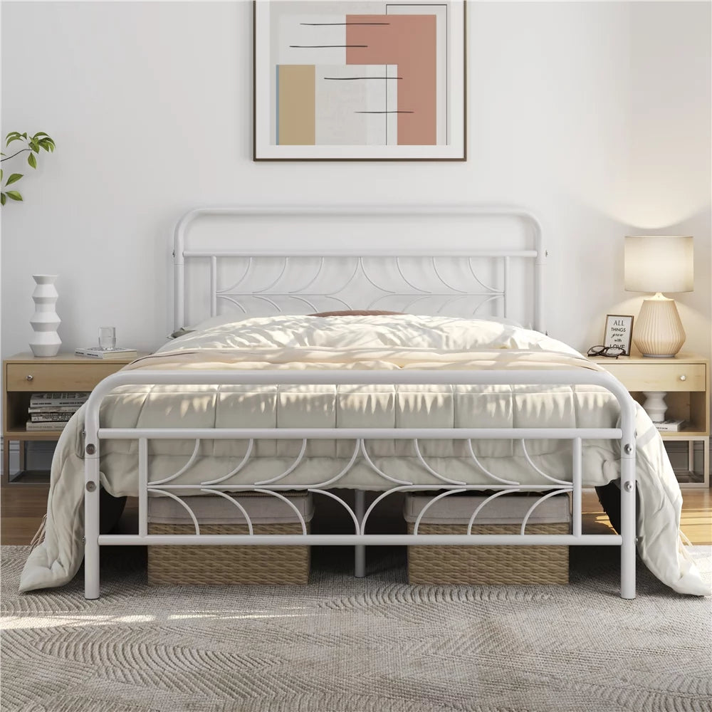 White Full Size Metal Bed with Headboard and Footboard D39913