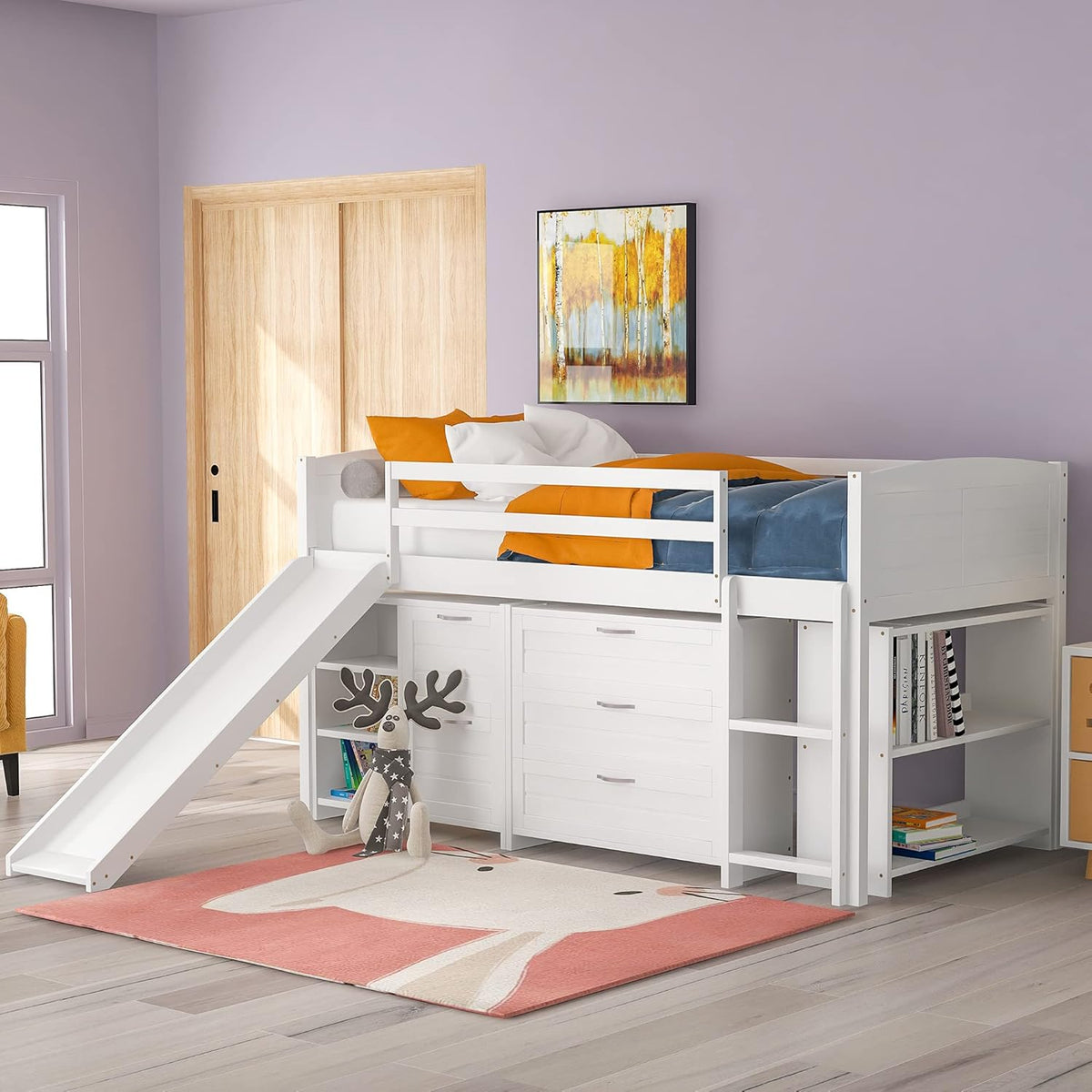 Twin Loft Bed with Slide, Ladder and Guardrail Q889