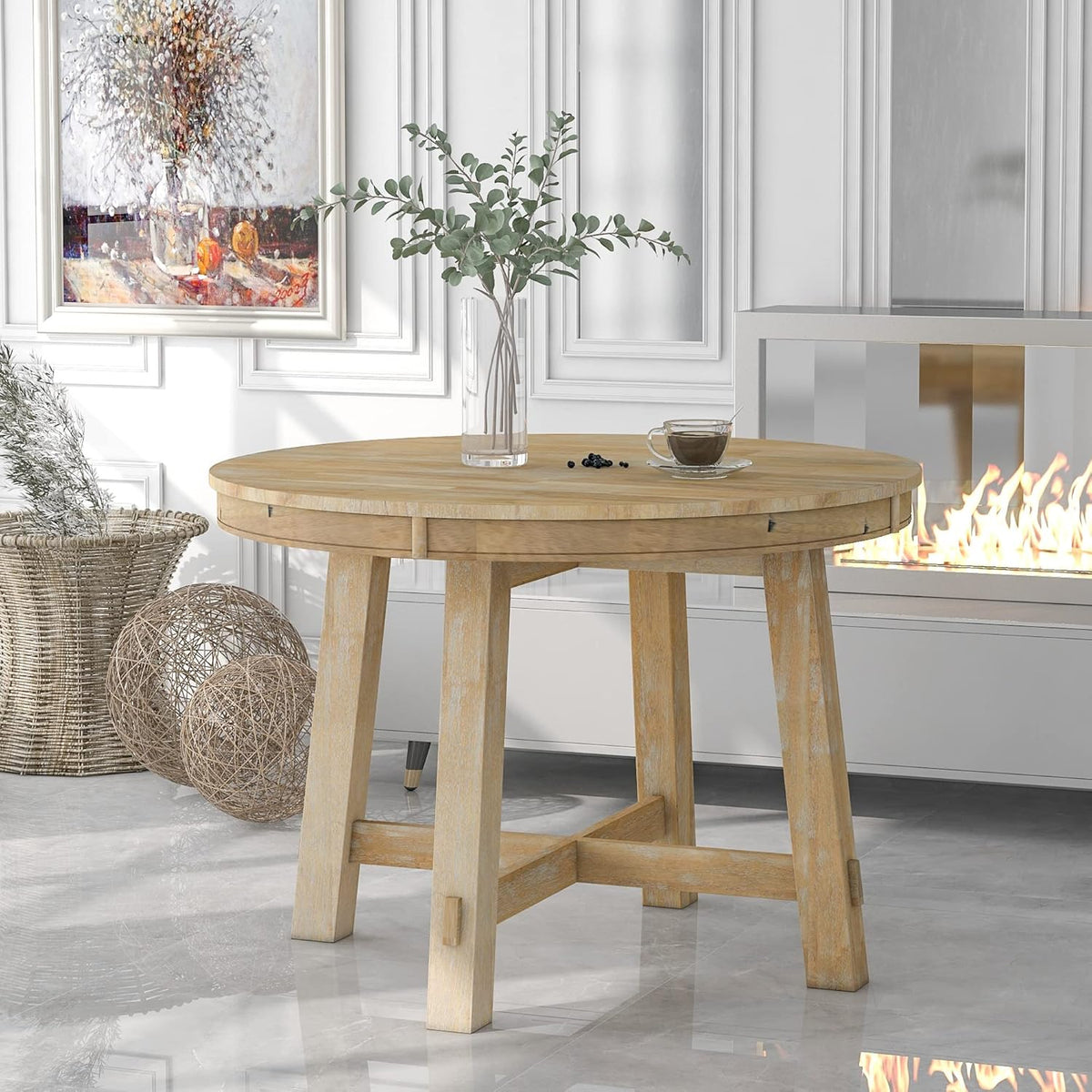 Natural Wood Wash Round Extendable Dining Table with Leaf S6255
