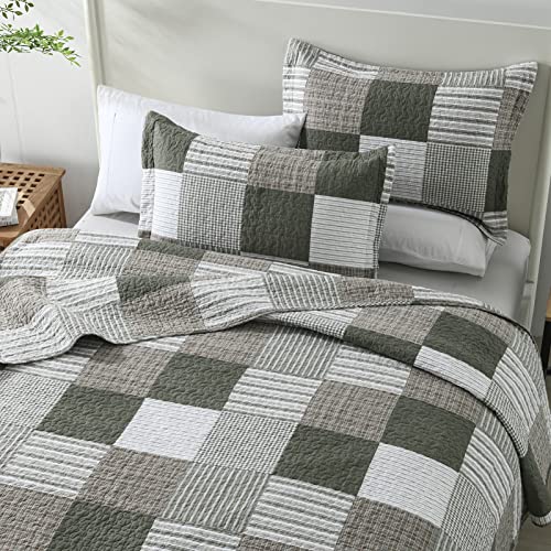 100% Cotton Navy Blue Grey Plaid Queen Size 3 Pieces Quilt H1766