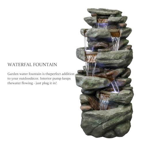 40" High 6-Tiers Cascading Rock Outdoor Water Fountain with LED Lights L3104