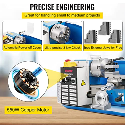 7"x14" 550W Variable Speed Metal Lathe with 3-jaw Chuck Digital Display J1935