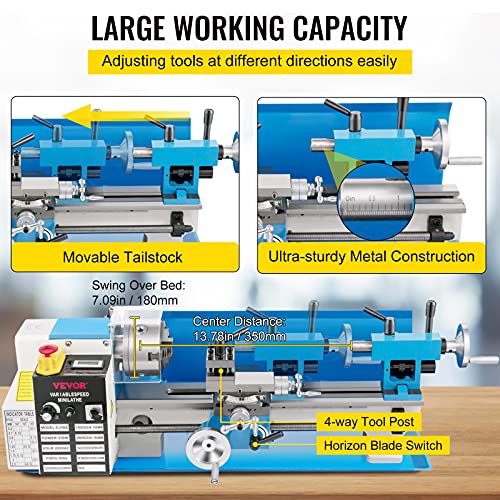 7"x14" 550W Variable Speed Metal Lathe with 3-jaw Chuck Digital Display J1935