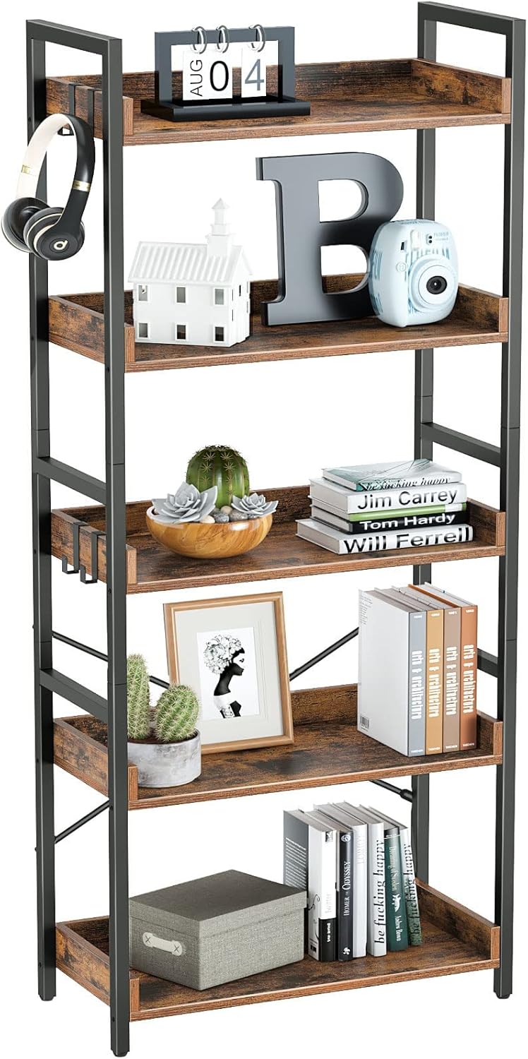 5 Tier Wood Bookshelf with 4 Hooks E72974